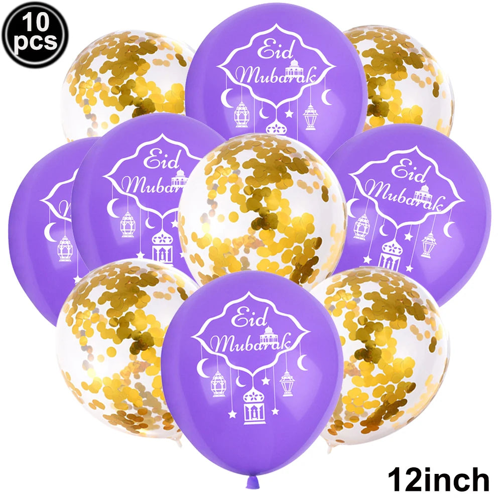 12inch Eid Mubarak Party Decorations Happy Eid al-Fitr Latex Balloons Gold Purple Black Moon Castle Print Confetti Balloons