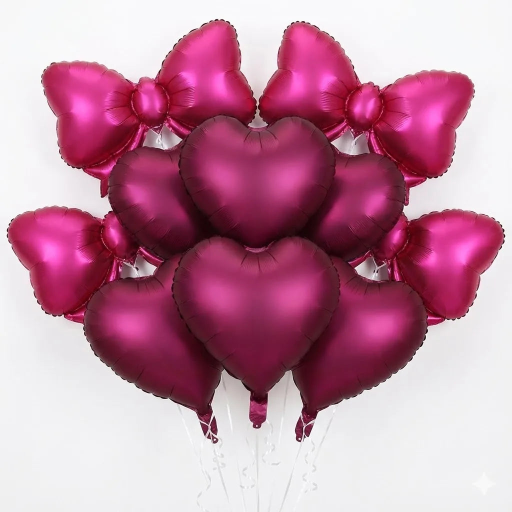 Red Heart-Shaped Balloon Metallic Burgundy Bow Balloon Set 10pcs Heart Foil Balloon Valentine's Day Wedding Birthday Party Decor