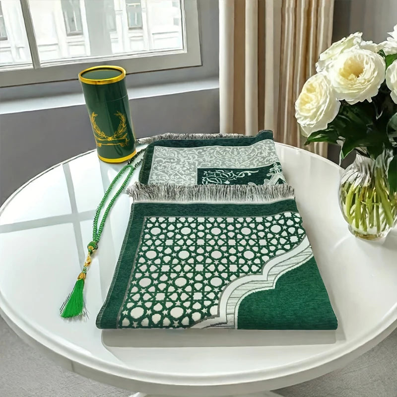 Prayer Mat Set with prayer beads and Cylinder Gift Box Portable Travel Prayer Rug Worship Blanket Ramadan Islamic Muslim Gift