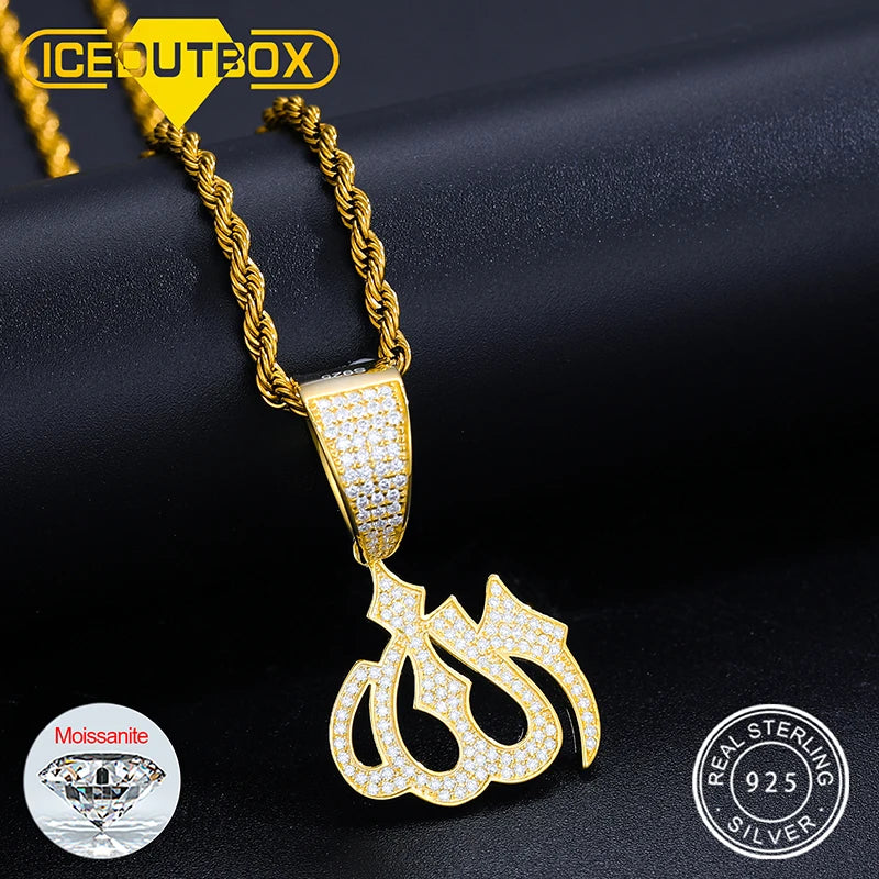 Moissanite Sparkling Full Diamond Islam Muslim Rune Pattern Pendant Allah Religious Necklace 925 Sterling Silver Men's Jewelry