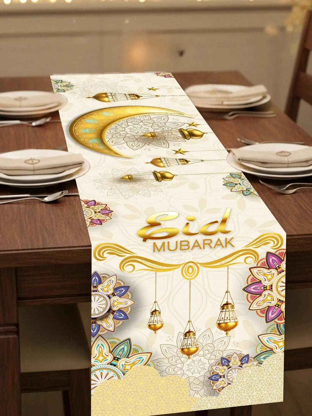 1Pc Eid Mubarak Decorative Table Runner, Gold Painted Star and Moon Table Runner, Muslim Holiday Party Table Runner, Long Tablecloth