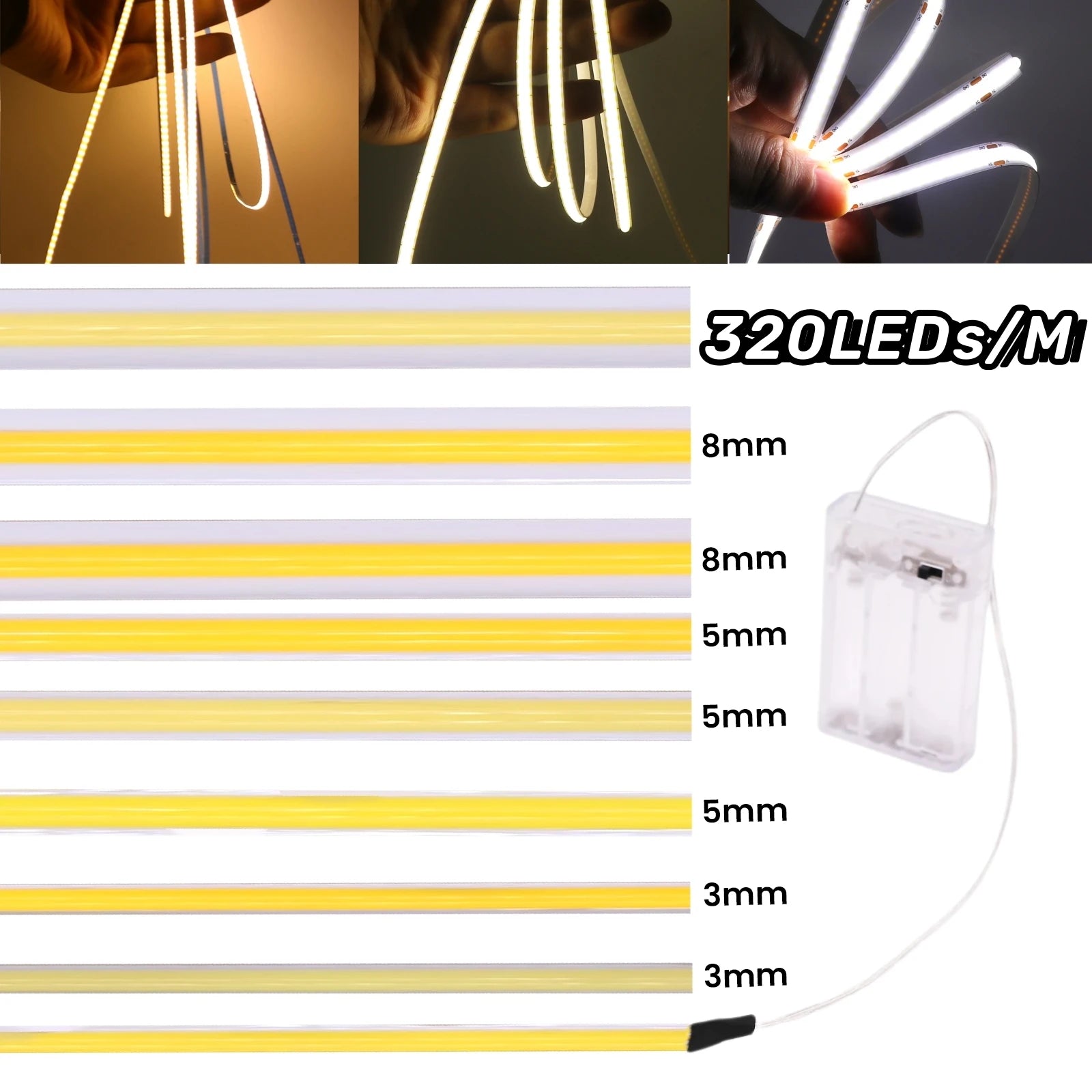 AA Battery Box 5V COB LED Strip 3MM 5MM 8MM 320LEDs/M High Density Flexible RA90 3000K 4000K 6000K FOB Tape Rope Night Lights