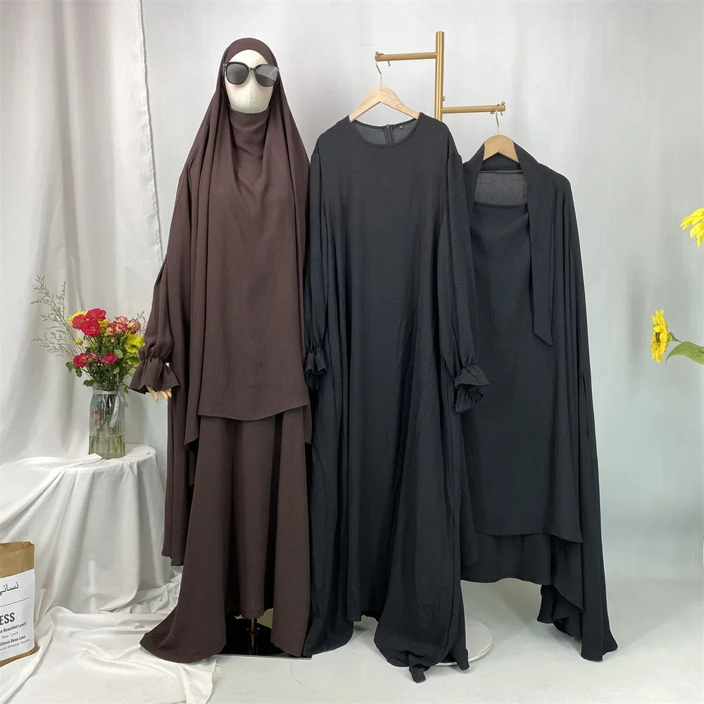 Dubai Turkey Kaftan Eid Ramadan Overhead Khimar Burqa Muslim Women Prayer Dress Set 2PCS Niqab Abaya Islamic Jalabiya Djellab