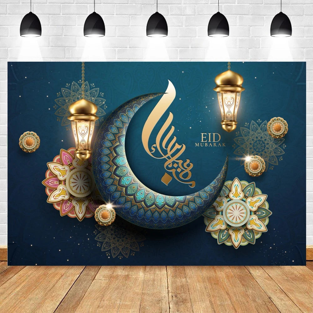 Ramadan Kareem Photography Backdrop EID Mubarak Islamic Mosque Lamps Moon Star White Cloud Photo Background Studio Poster Decor