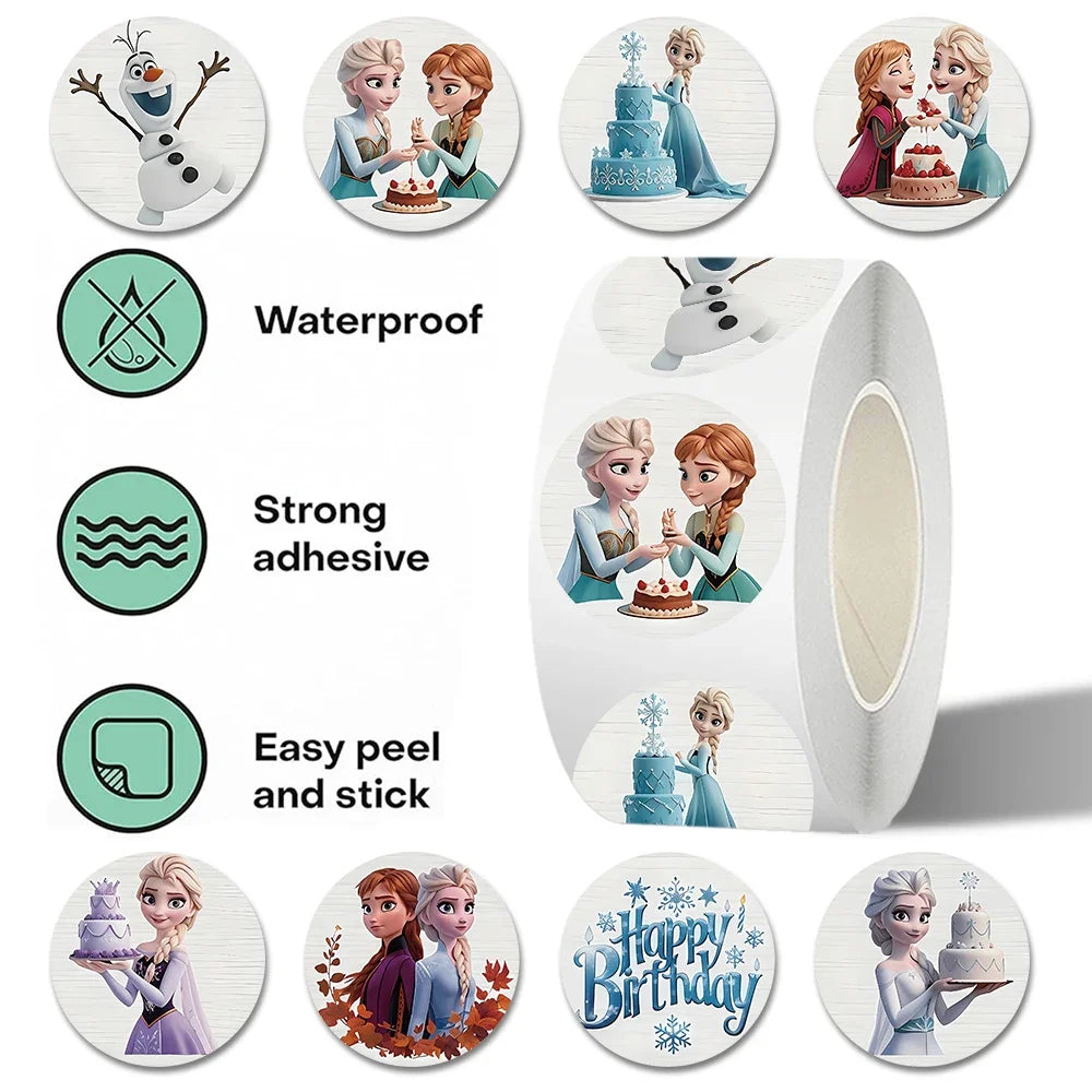 500pcs/Roll Frozen Princess Elsa Cartoon Sealing Sticker DIY PVC Laptop Decals Decoration Stiker Reward Gift Kids Toys Gifts
