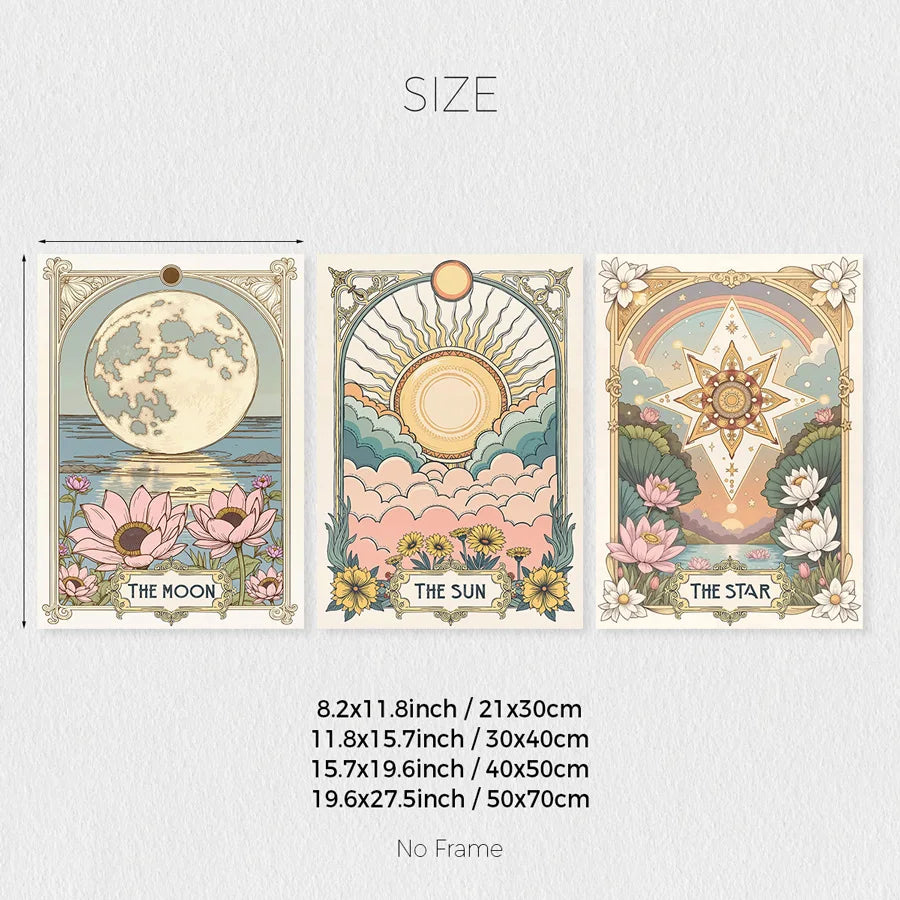 Set of 3 Retro Sun, Stars and Moon Tarot Cards Art Prints, Retro Flower and Plant Wall Decorations, Bohemian Flower Canvas Posters, Celestial Wall Decorations, Living Room, Bedroom, Kitchen, Office, Cafe, Bar, Dormitory, Corr