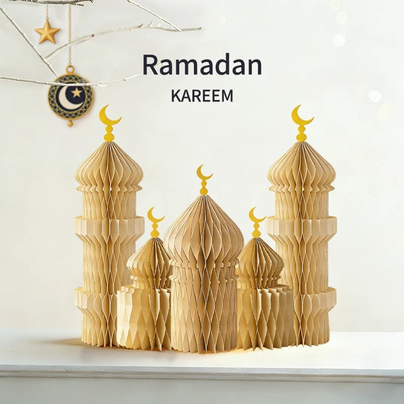Ramadan Paper Art Desktop Decoration Castle Decoration 3d Honeycomb Castle Eid Al Fitr Party Stars Castle Party Products Gifts