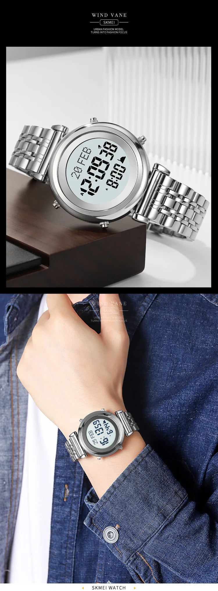 Muslim Azan Digital Watch Mens Back Light Waterproof Steel Hijri Islamic Wristwatch Prayer Qibla Compass Alarm Clock