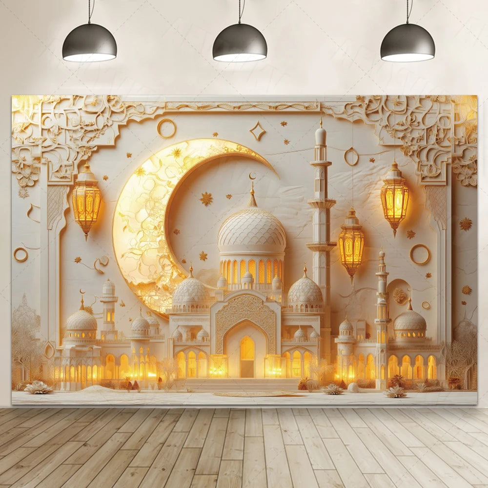 Ramadan Eid Mosque Photo Booth Backdrop Customizable Islamic Party Decoration Green Gold Banner Photography Studio Background