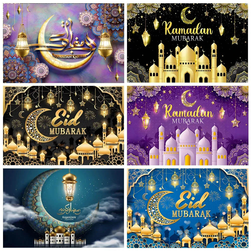 Eid Mubarak Backdrop Ramadan Kareem Islam Mosque Muslim Moon Lantern Eid Al-fitr Family Party Decor Banner Photo Background