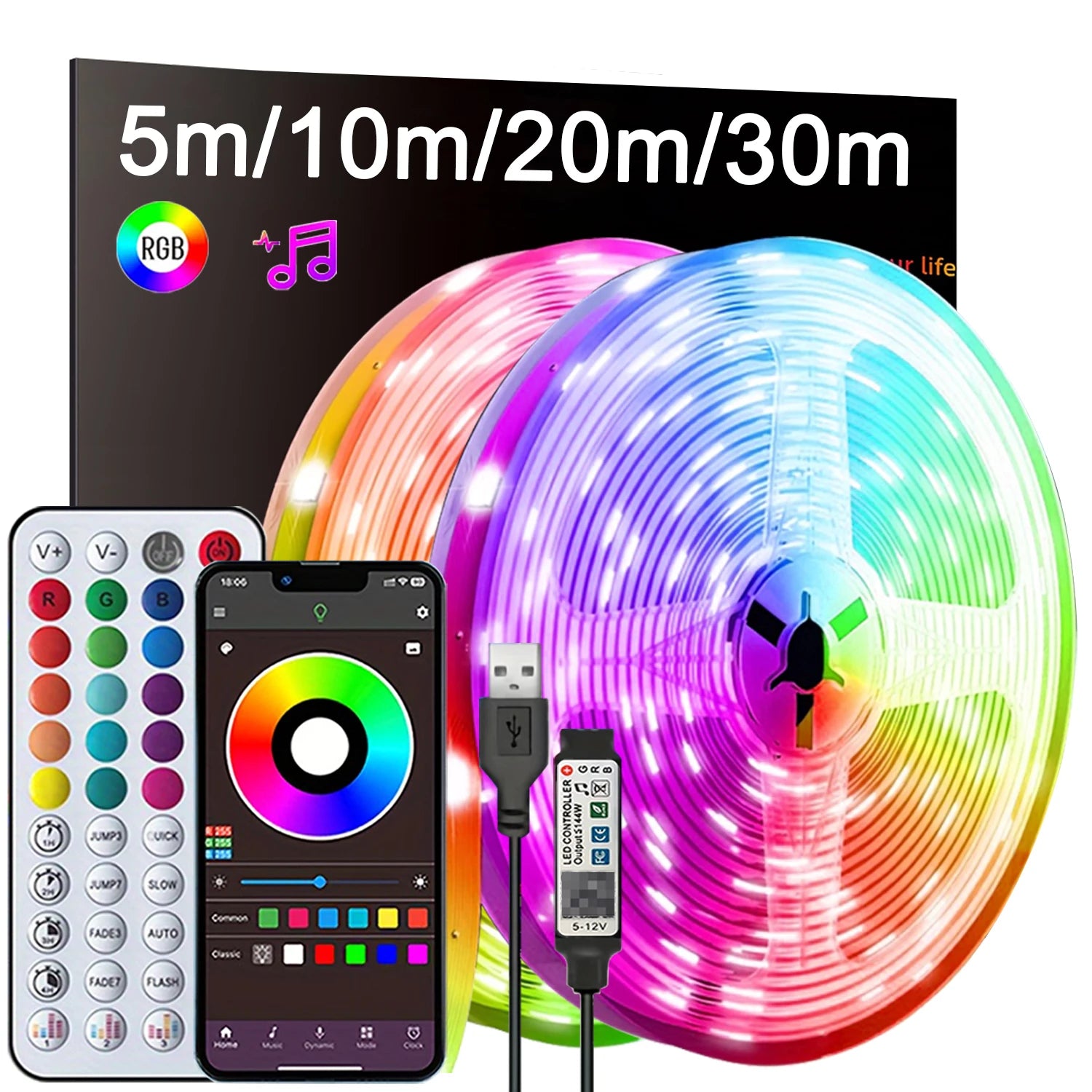 RGB Led Strip Lights for Room 1M, 5M, 10M, 20M, 30M USB 5V Music Sync APP Control Led Tape FLexible Ribbon for Bedroom Home Decor