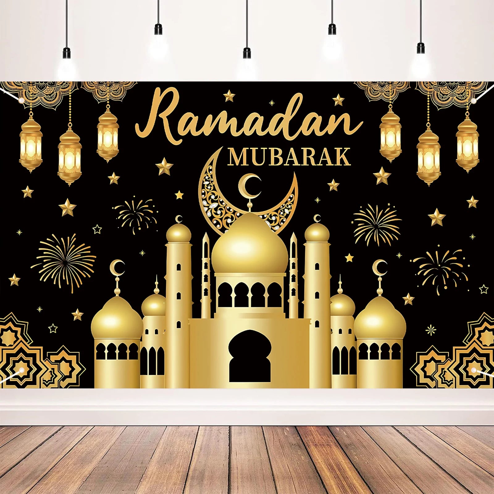 Ramadan Mubarak Backdrop Decoration Eid Background Banner, Kareem Decorative Wall Ramazan Poster, Muslim Black Gold Fabric Sign