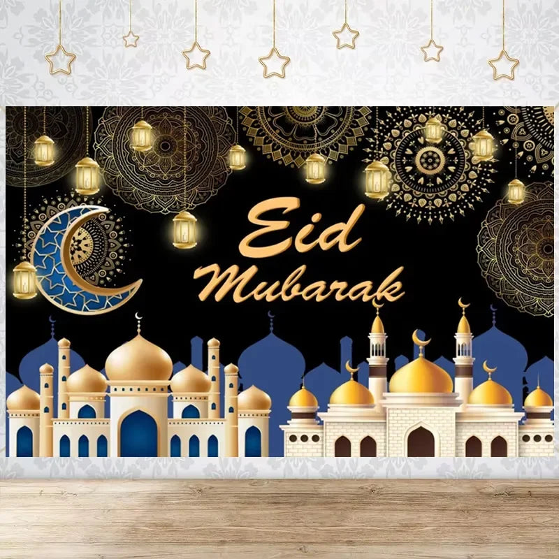 Happy EID Ramadan Festivals Mosque Moon Lantern Mubarak Poster Party Decoration Banner Photo Background Photography Prop Supply