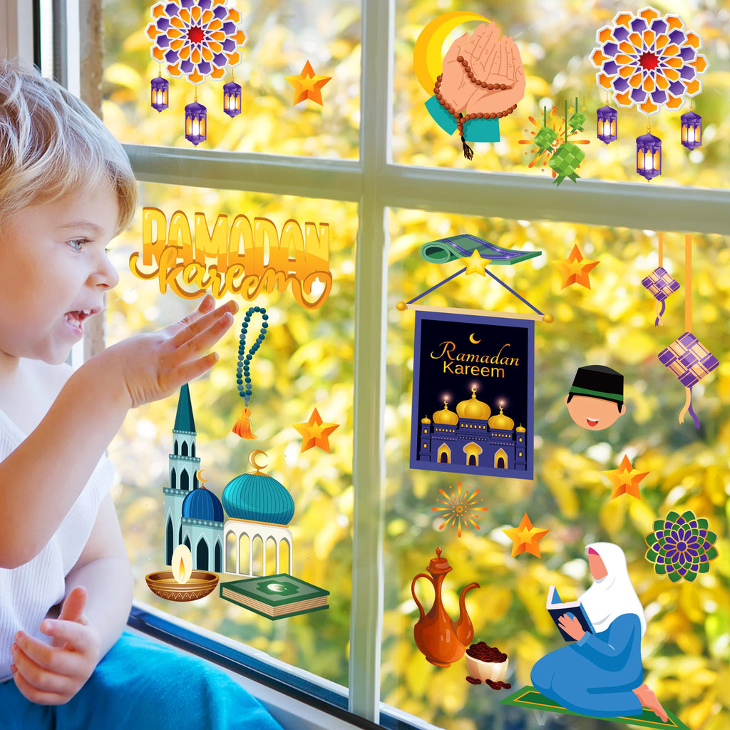 8 Sheets Eid Ramadan Party Window Static Stickers Decoration,Glass Clings Party Backdrops Decals For Eid al-Fitr Party Supplies