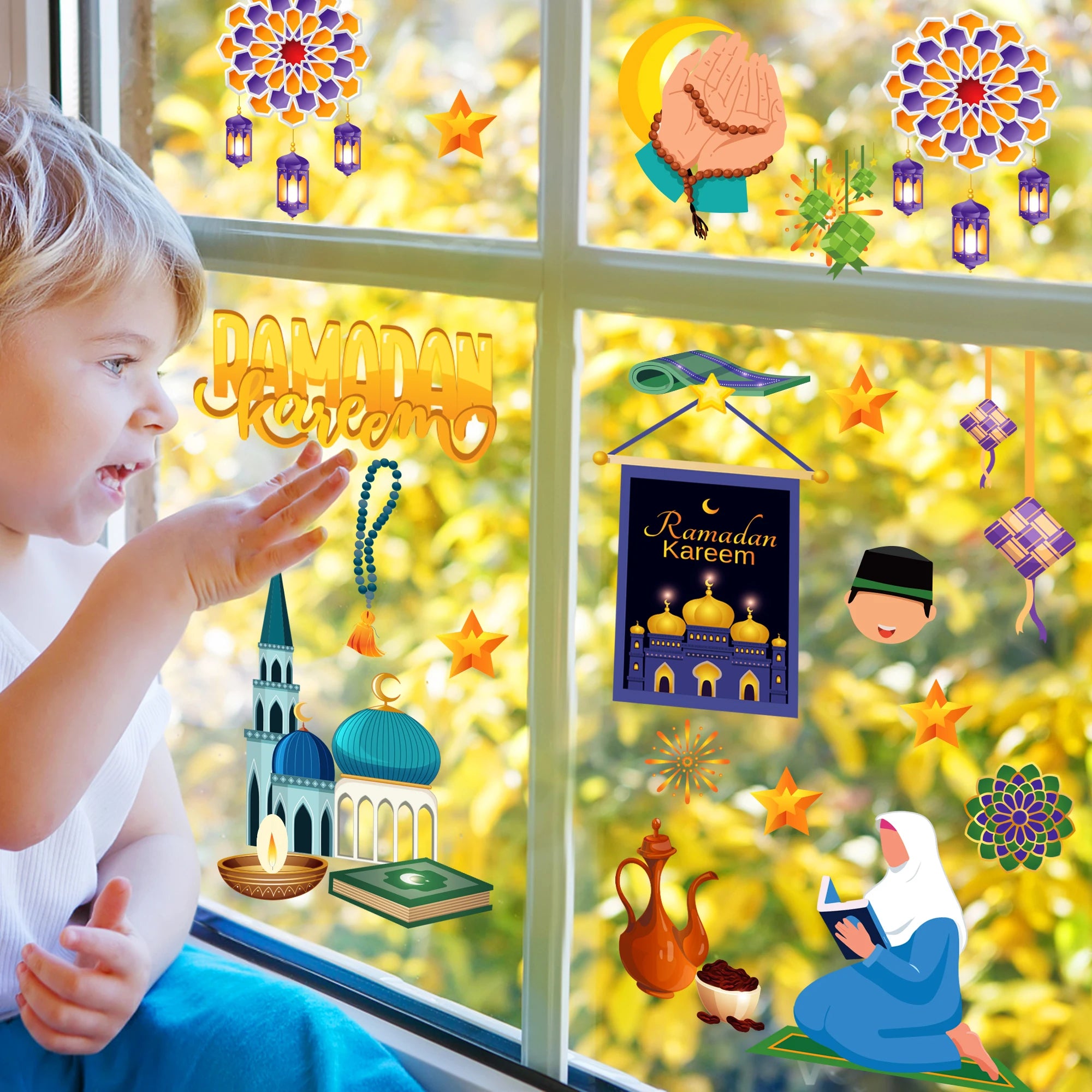 8 Sheets Eid Ramadan Party Window Static Stickers Decoration,Glass Clings Party Backdrops Decals For Eid al-Fitr Party Supplies
