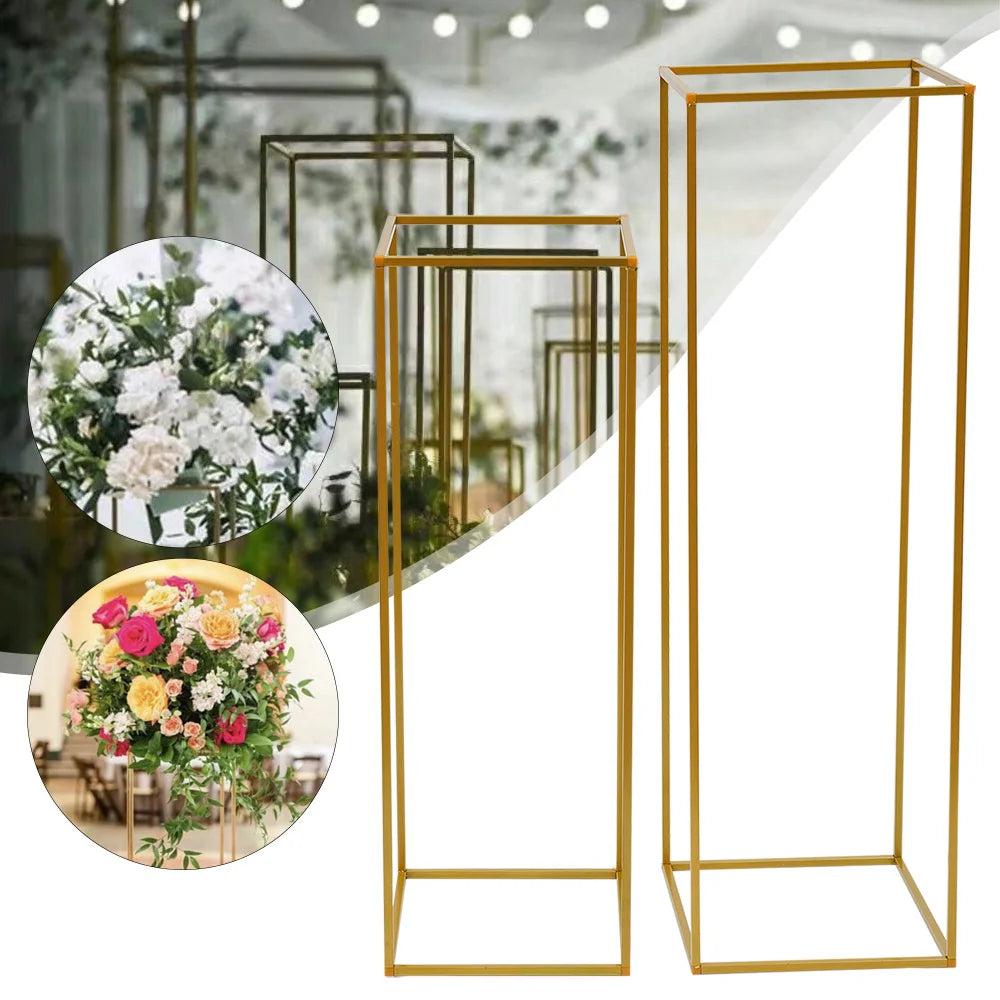 2Pcs Tabletop Flower Stands Metal Square Floral Decor Vase Floor Column Holder Gold Display Rack Road Guide for Wedding Party