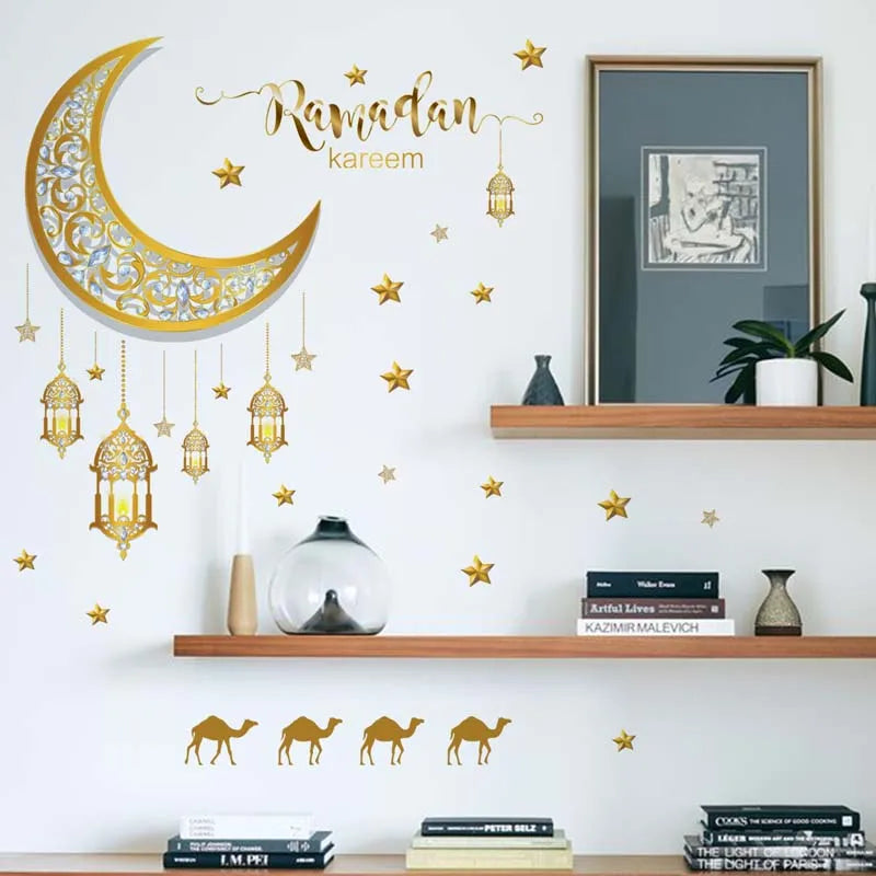Ramadan Kareem Wall Stickers Moon Star Lantern Wall Decal 2024 Eid Mubarak Decorations for Home Muslim Islamic Party Decorations
