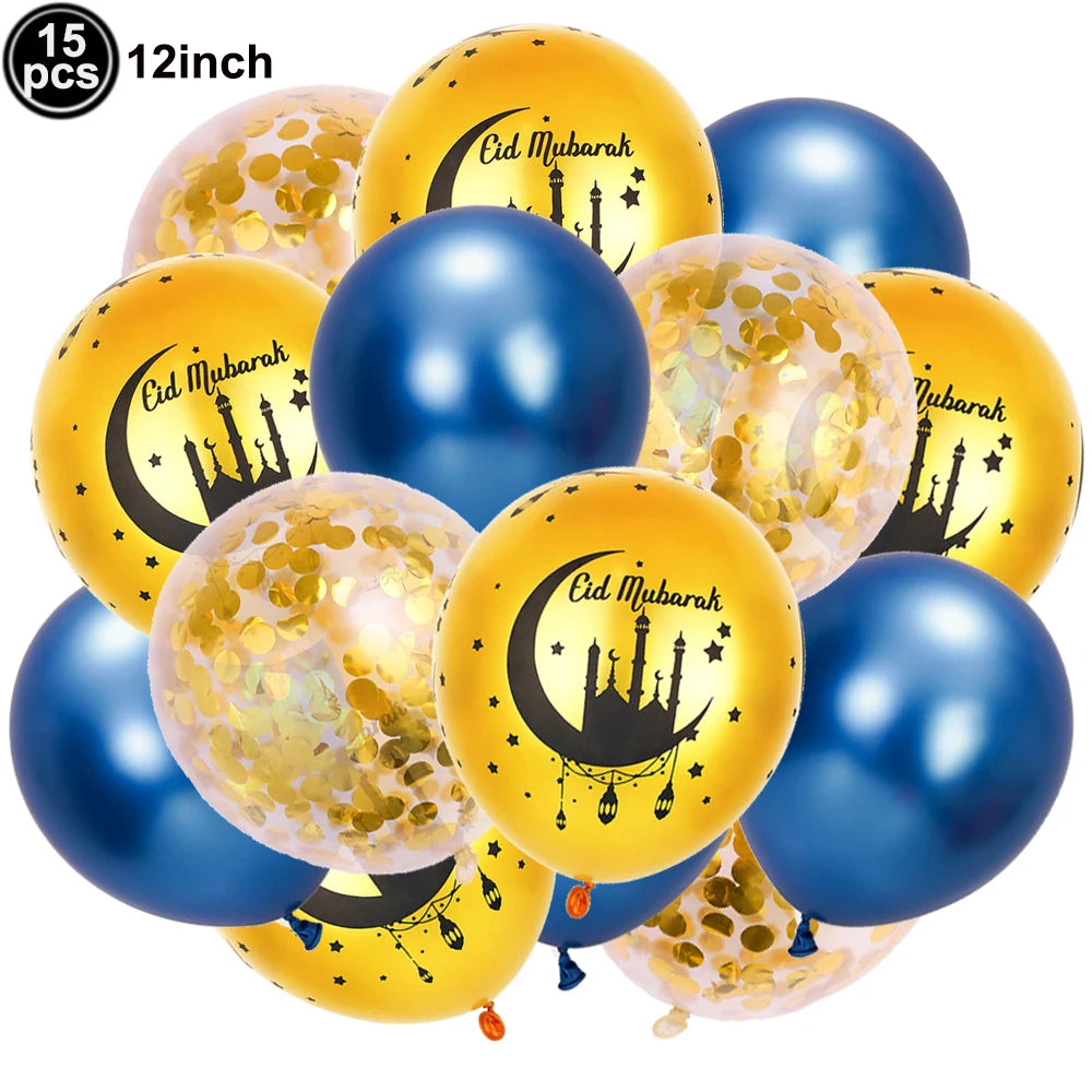 12inch Eid Mubarak Party Decorations Happy Eid al-Fitr Latex Balloons Gold Purple Black Moon Castle Print Confetti Balloons