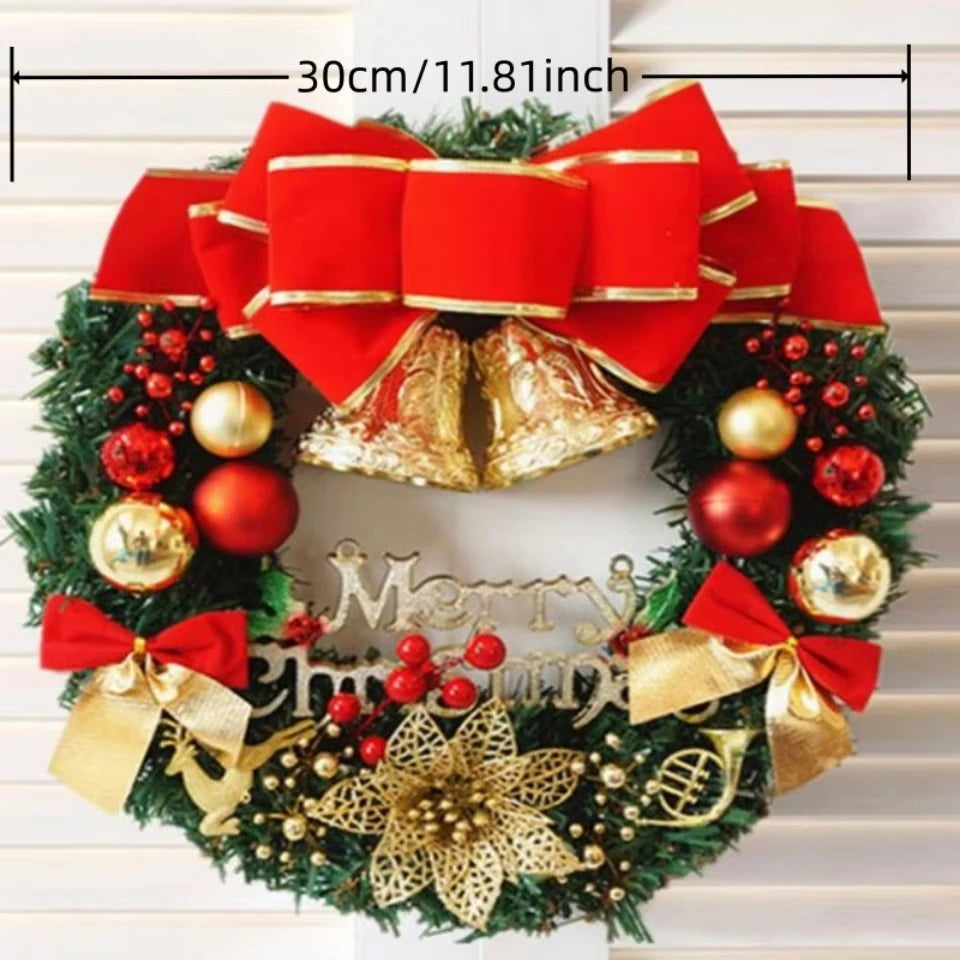 Artificial Merry Christmas Wreath with Bow Christmas Door Hanging Rattan Ornament Garland Christmas Suitable for Home Decoration