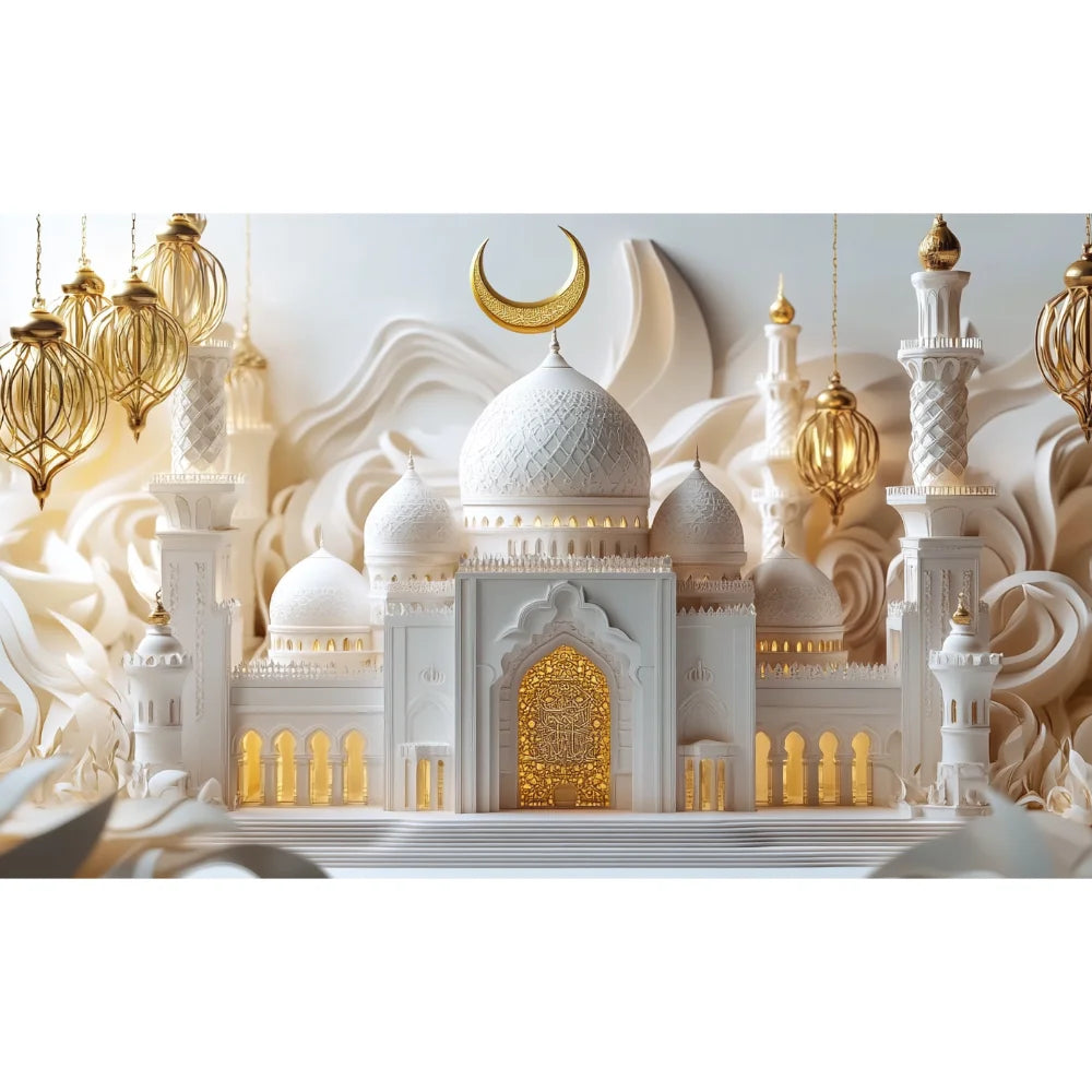 Golden Moon Eid Mubarak 2025 Decor Banner Background Lights Ramadan Kareem Islamic Building Muslim House Party Photo Backdrop