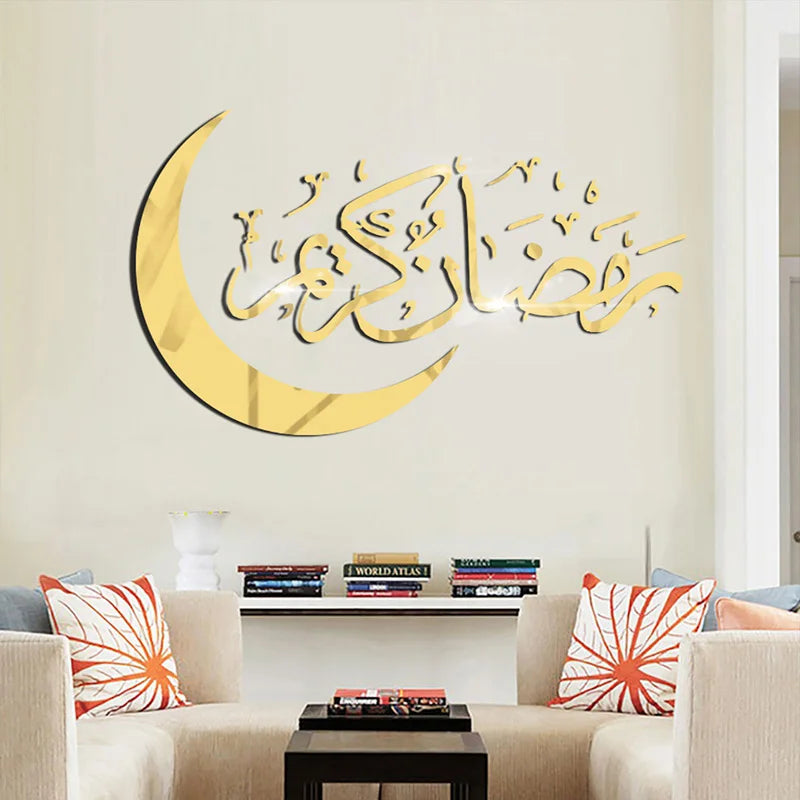 Eid Mubarak Decoration Acrylic Mirror Gold And Silver Black Moon Wall Sticker Islamic Ramadan Kareem Muslim Living Room Decor