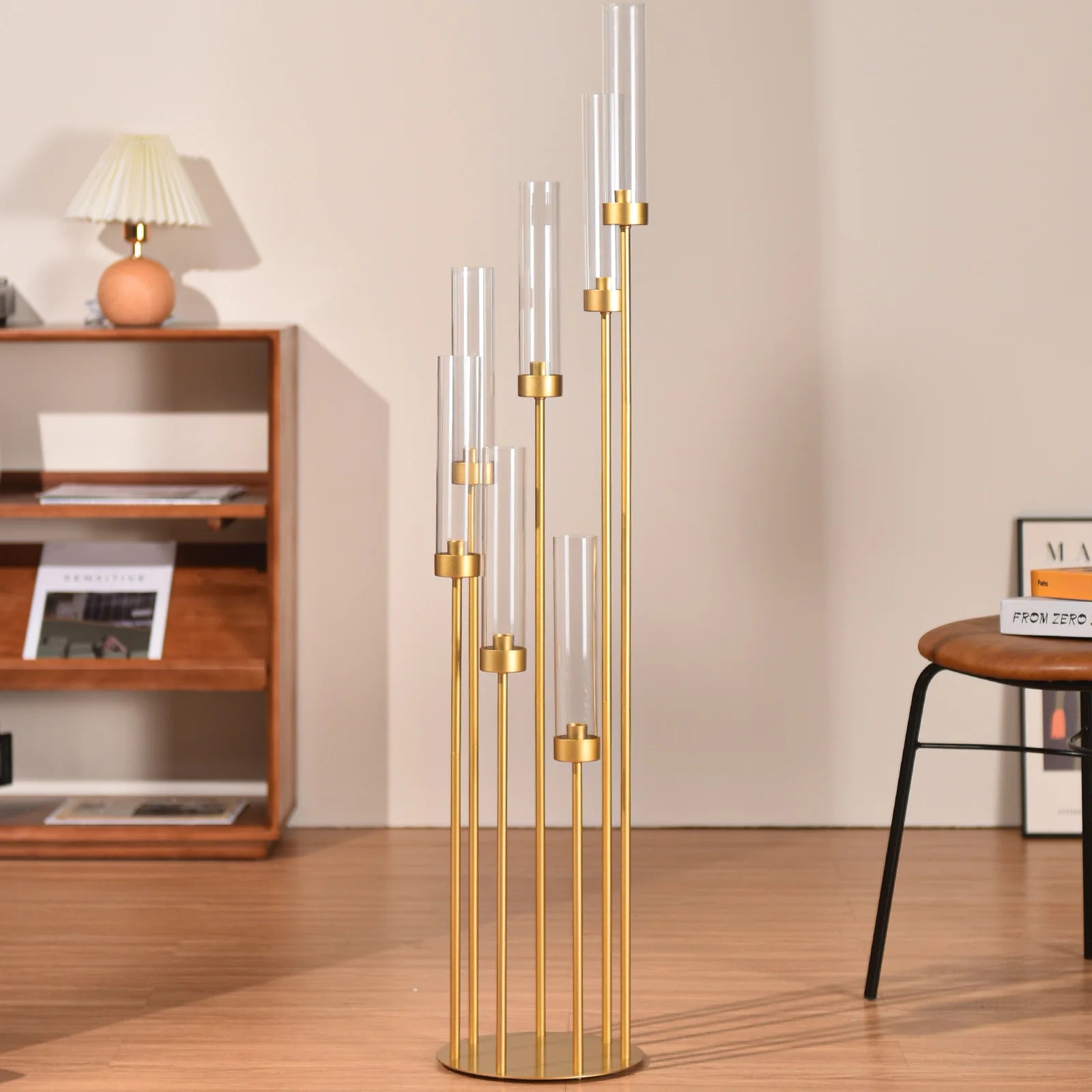 4Sets 7 Arms Floor Candelabra Wedding Centerpieces Gold 48" Tall Metal Candlestick Holders with Acrylic Removable Lampshade