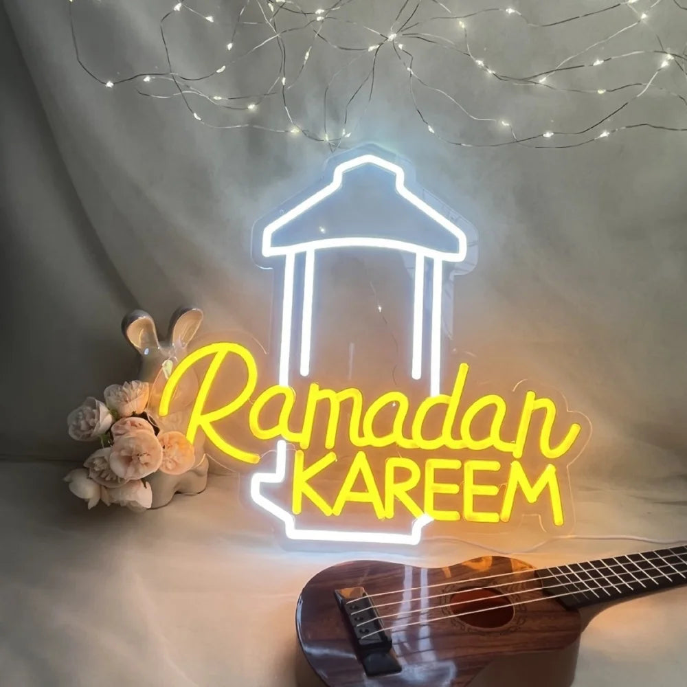 2026 Ramadan Mosque Neon Lights Eid Mubarak LED Night Light Wall Backdrop Decor Islam Muslim Party Ramadan Kareem Decorations