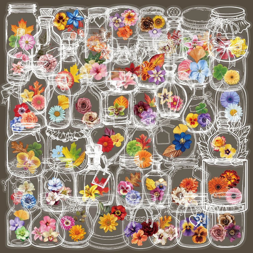 50/100PCS Glass Bottles with Dried Flower PET Sticker Waterproof Oil proof Transparent Romantic Art Colorful Flower Gift