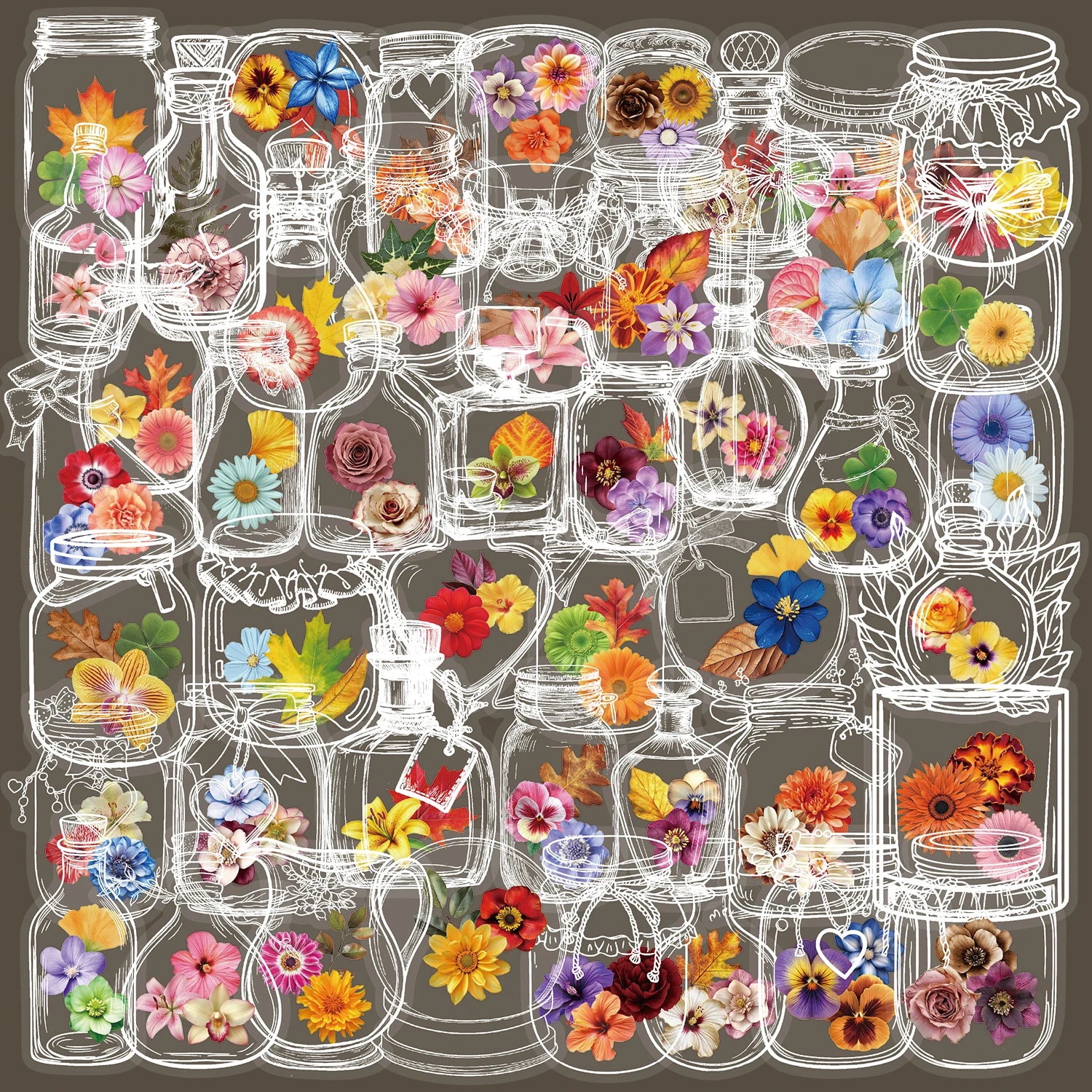 50/100PCS Glass Bottles with Dried Flower PET Sticker Waterproof Oil proof Transparent Romantic Art Colorful Flower Gift
