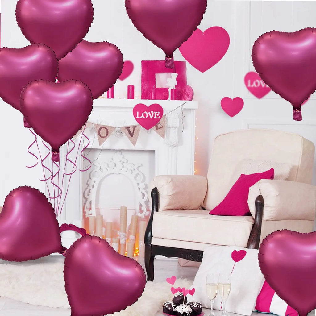 Red Heart-Shaped Balloon Metallic Burgundy Bow Balloon Set 10pcs Heart Foil Balloon Valentine's Day Wedding Birthday Party Decor