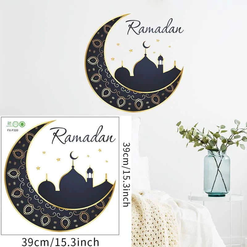 Ramadan Kareem Wall Stickers Moon Star Lantern Wall Decal 2024 Eid Mubarak Decorations for Home Muslim Islamic Party Decorations