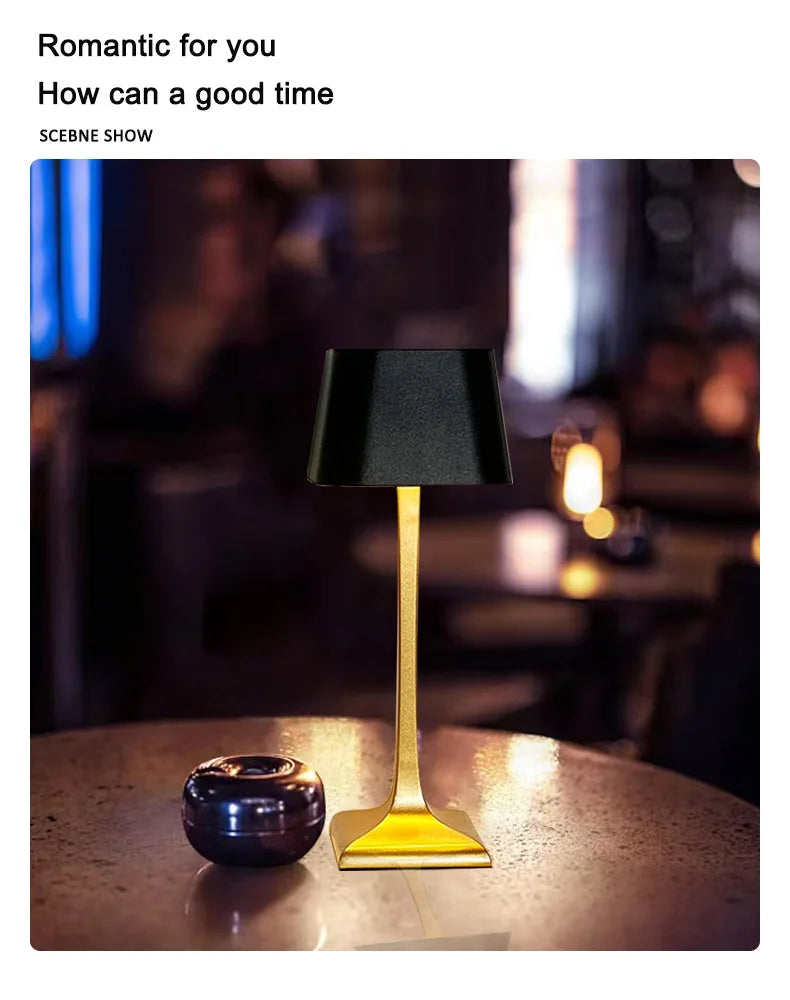 Home and hotel decoration Nordic luxury wireless dimmable portable rechargeable table lamp in gold and black