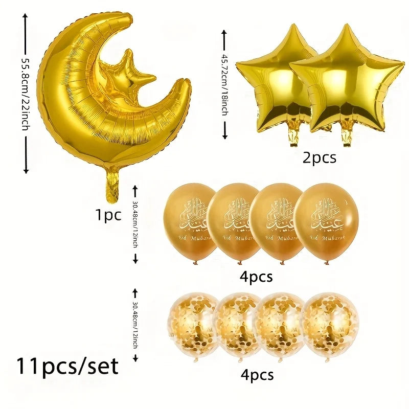 11pcs Eid Mubarak Ornament Moon Star Foil Balloon Colorful Ramadan Home Decoration Kareem Islamic Muslim Party Decor Supply