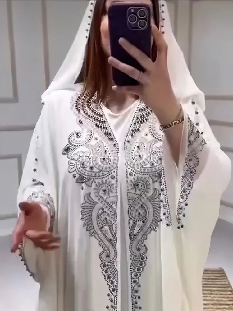 Eid Muslim Dress for Women – Hooded 2-Piece Diamond Jalabiya Kaftan