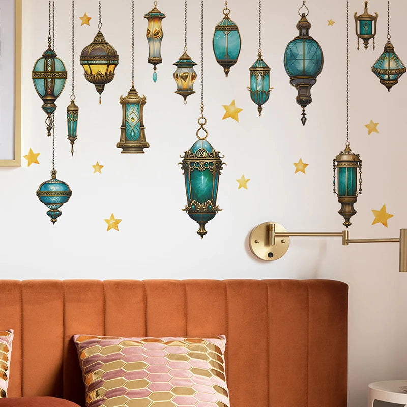 Eid Mubarak Wall Stickers Moon Star Lantern Ramadan Kareem Wall Decals Muslim Islamic Window Sticker Decorations for Home 2024