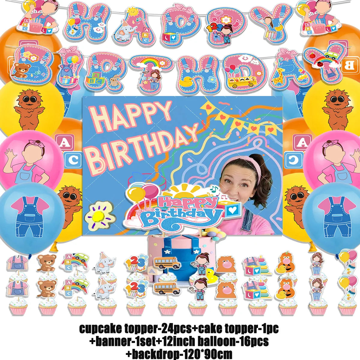 Cartoon English Teacher Theme Child Birthday Party Decor Ms&Racheled Balloon Banner Backdrops Cupcake Toppers for Kids Gifts