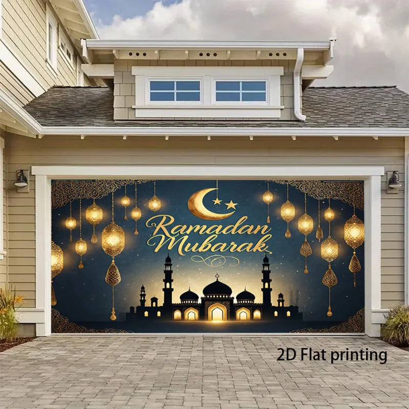 1pc2DflatRamadan Mubarak Moon and Stars Banner ，With gold lanterns，New Moon and Star Design，No Power Supply Required
