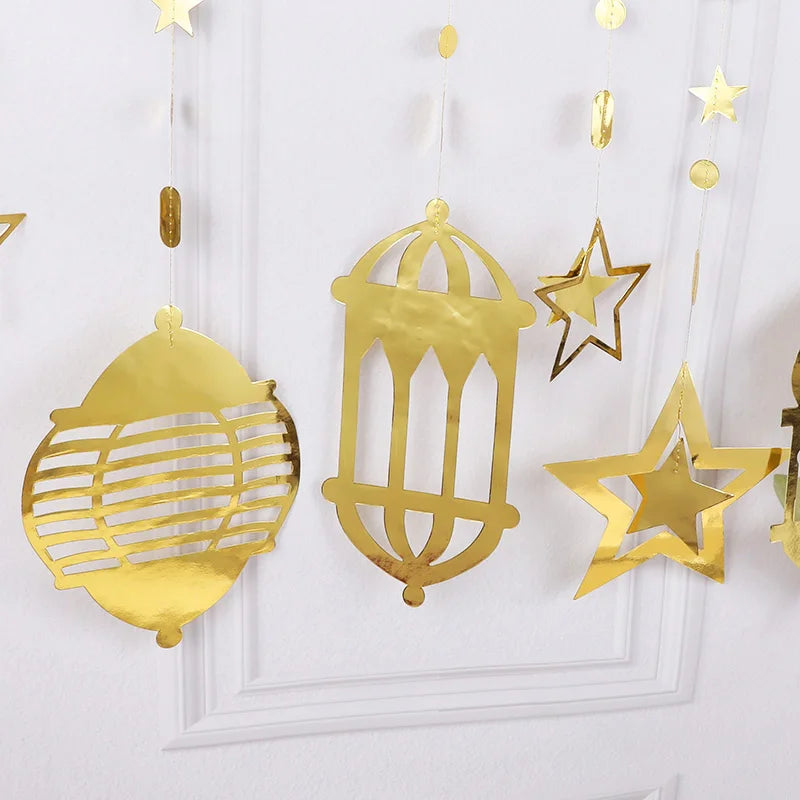 Ramadan Gold Silver Star Moon Lantern Hanging Streamer Garland Eid Mubarak Home Decoration 2025 Muslim Islamic Party Supplies