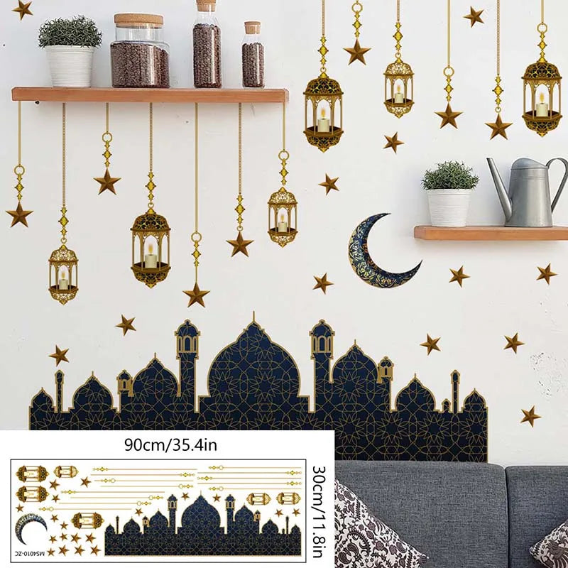 Ramadan Kareem Wall Stickers Moon Star Lantern Wall Decal 2024 Eid Mubarak Decorations for Home Muslim Islamic Party Decorations