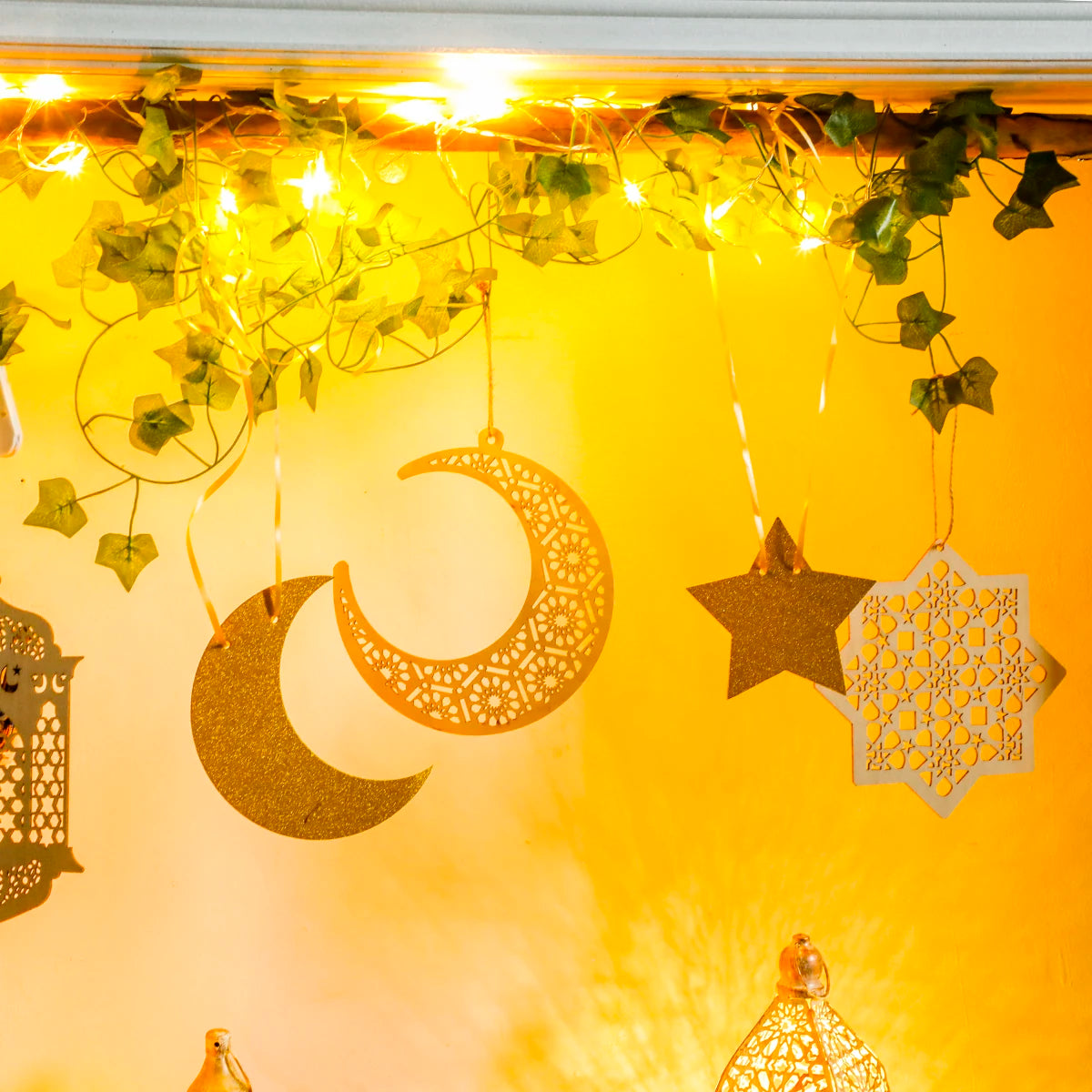 Ramadan Doorway Decor Golden Moon Star Lantern Hanging Ornaments with LED String Islamic Eid Festival Home Entrance Party Gifts