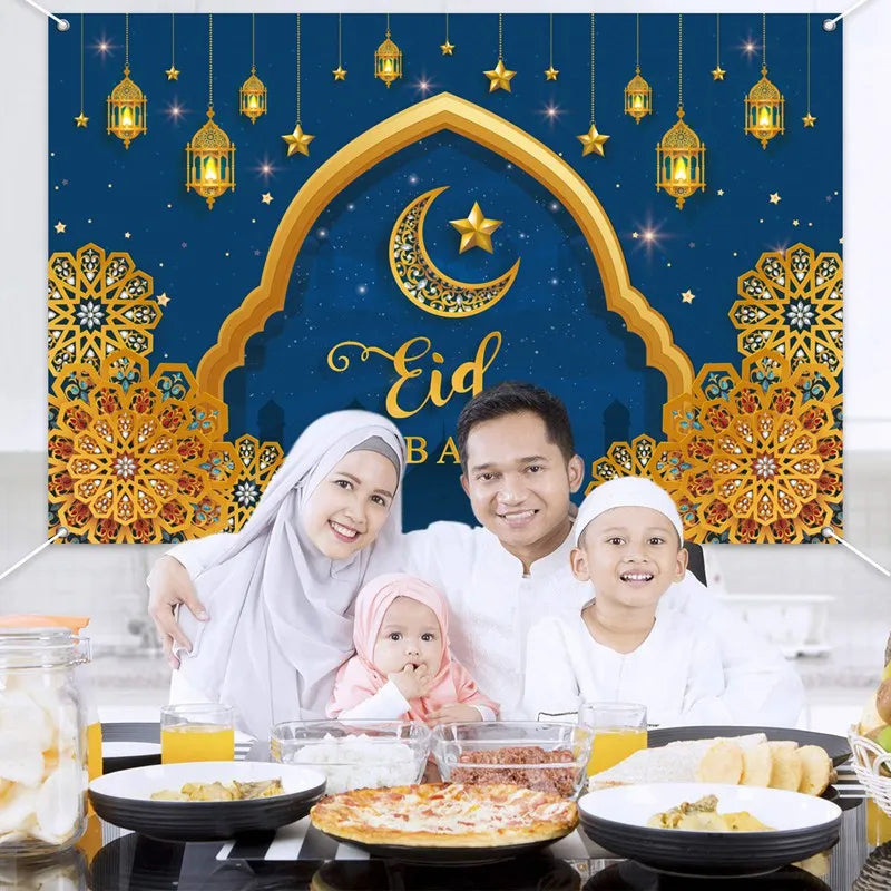 Ramadan Kareem Backdrop Photo Booth Background With Moon Star Castle Pattern Eid Mubarak Background for Backyard Al-fitr Gift