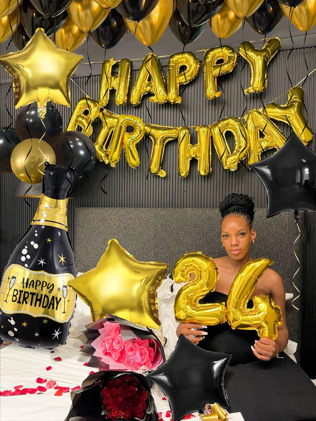 43pcs black and gold "Happy Birthday" letter balloon set, suitable for birthday party decorations, anniversary parties
