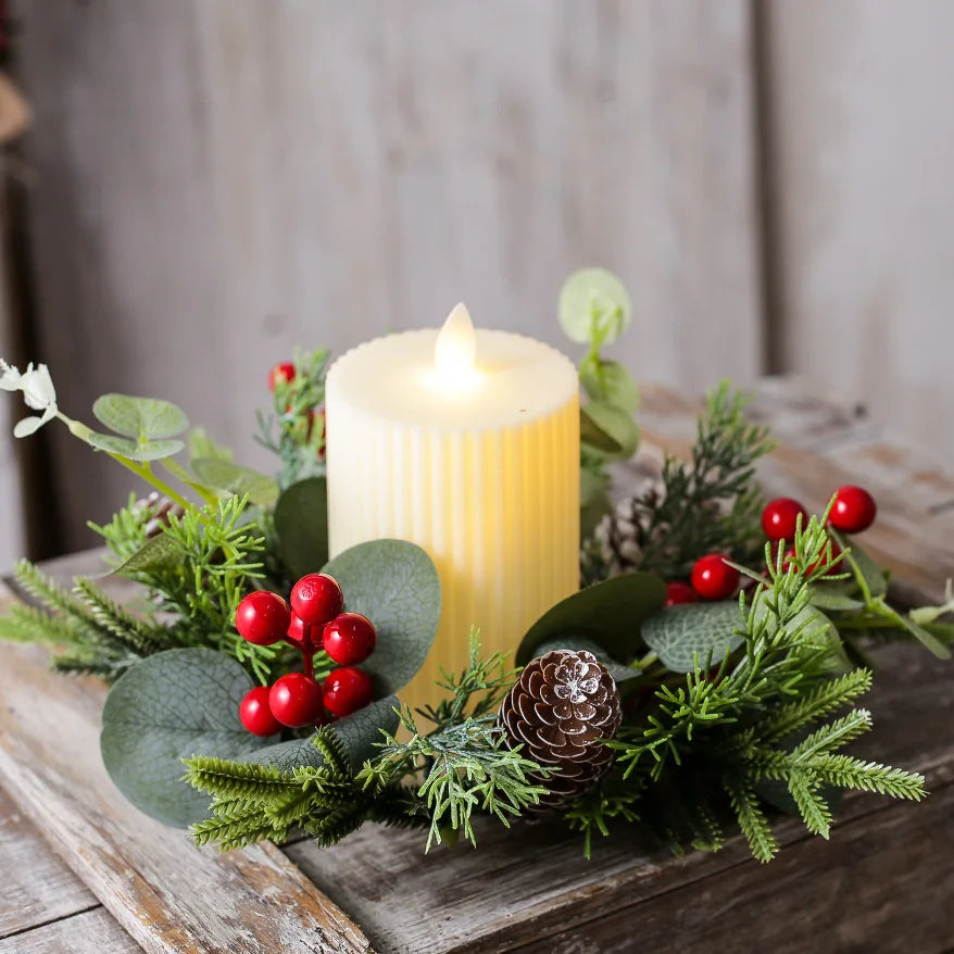 Red Berry Wreath Classic Candle Holder Decorative Ring Festive Pinecone Decoration For Table Decor Holiday Gathering Christmas