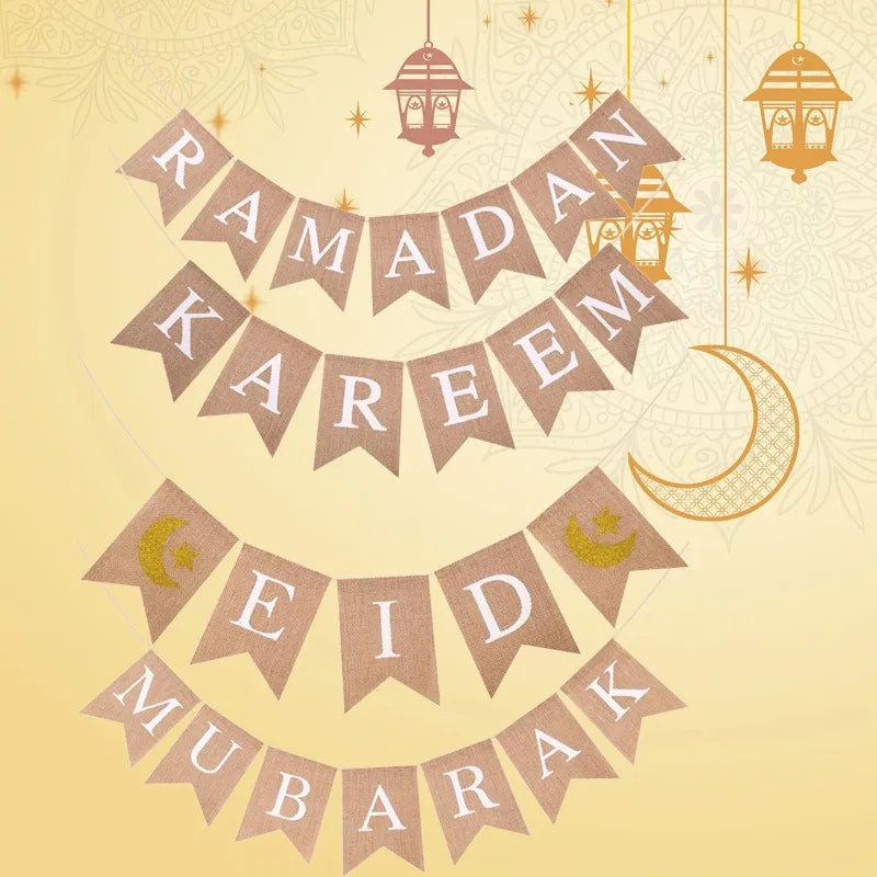 1set linen Eid Mubarak Banner Ramadan Kareem Banners Eid al-Fitr Decorations Star Moon Eid Mubarak Decorations Banners