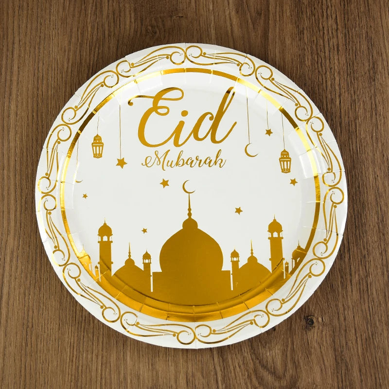Eid Mubarak Party Tableware Set Gold Disposable Plate Cup Napkins Banner 2026 Islamic Muslim Supplies Ramadan Kareem Decorations