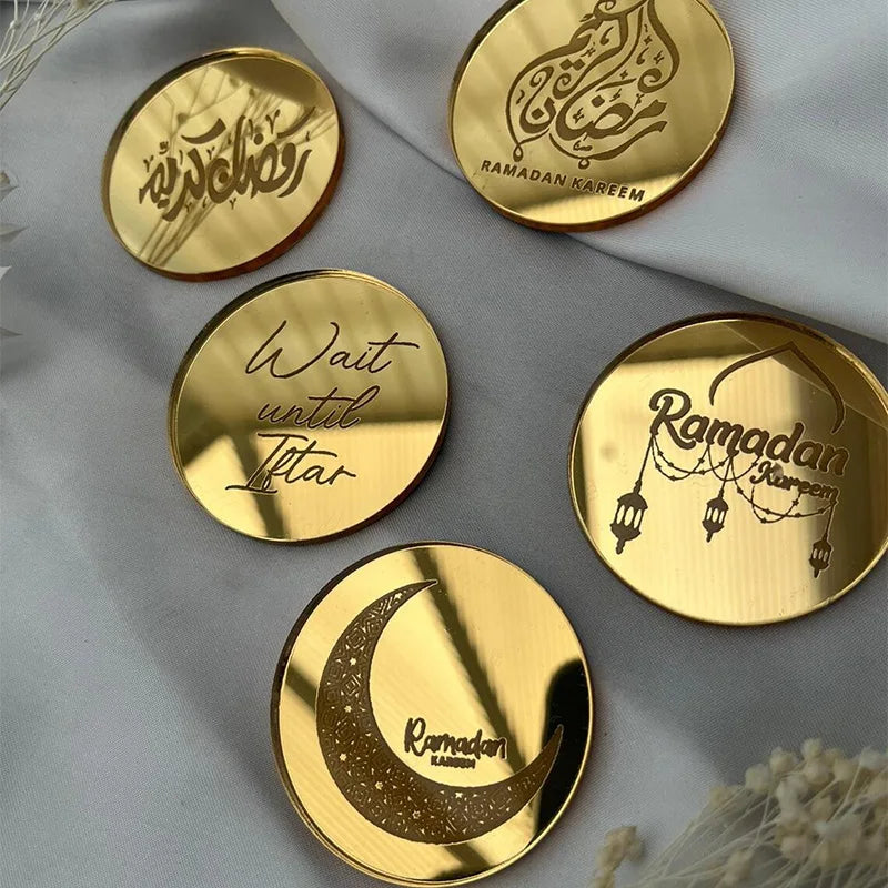 5pcs Eid Mubarak Acrylic Disc Cupcake Topper Charm Disc Muslim Islamic Ramadan Kareem Eid Al-Fitr iftar Dessert Table decoration