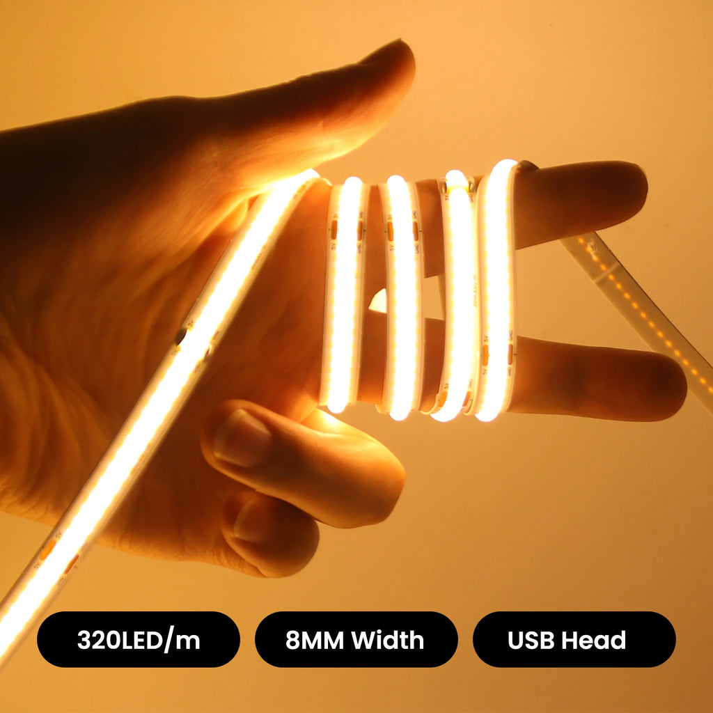 USB Dimmable COB LED Strip Light 3MM 5MM 8MM RA90 High Density 320LEDs/M 3000K 4000K 6500K FOB Flexible Ribbon Tape Rope Lamp