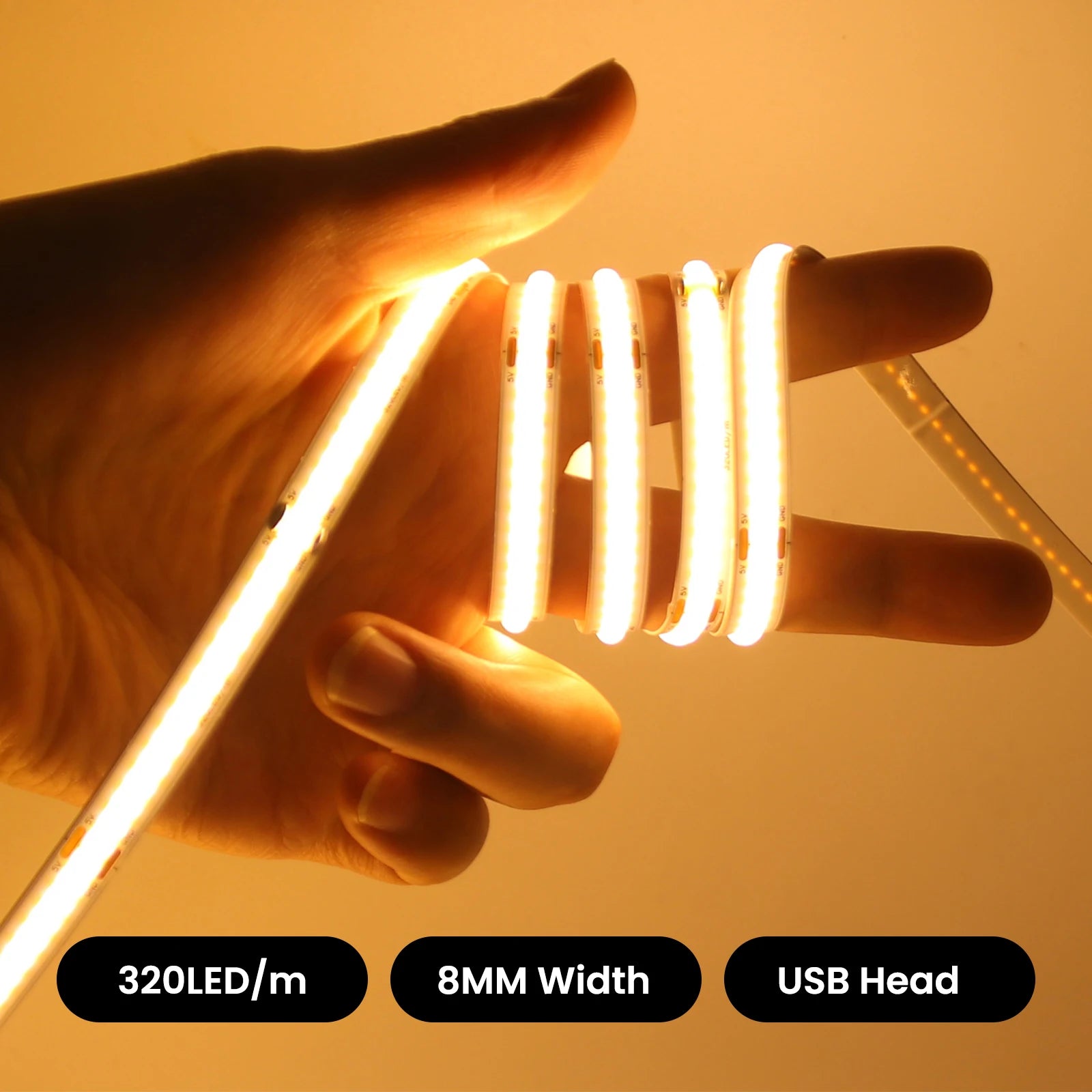 USB Dimmable COB LED Strip Light 3MM 5MM 8MM RA90 High Density 320LEDs/M 3000K 4000K 6500K FOB Flexible Ribbon Tape Rope Lamp
