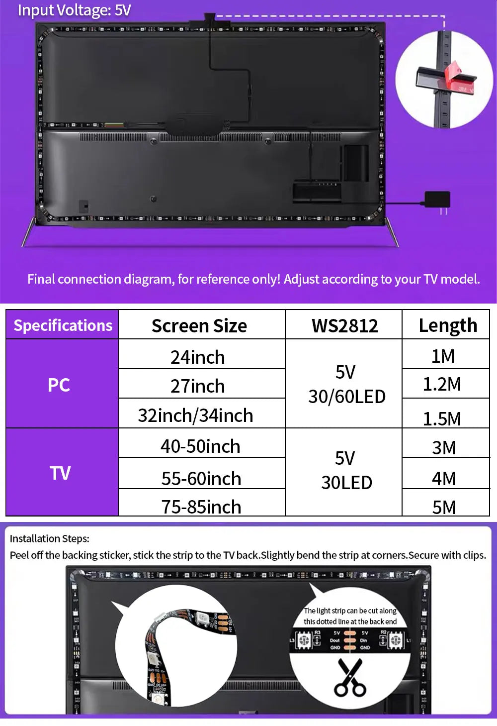 WS2812 Camera Ambient Smart TV LED Backlight TV&PC LED black light Color Sync Tuya LED Light For Inch Tv Pc Led RGB Tape Screen