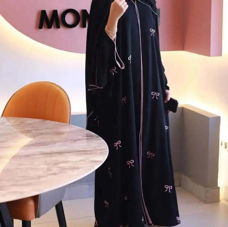 Arab Women Front Open Cardigan Scarf Burqa Islamic Bow Embroidery Robe Abaya Muslim Robe Ladies Loose Kaftan Clothing